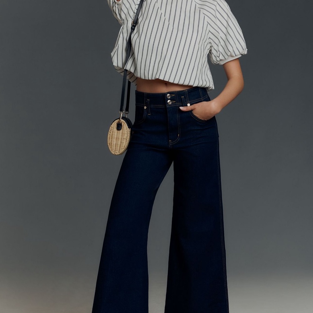 Frame from Anthropologie Denim Dark Blue Wide-Leg Jeans: color: Rise size: 27